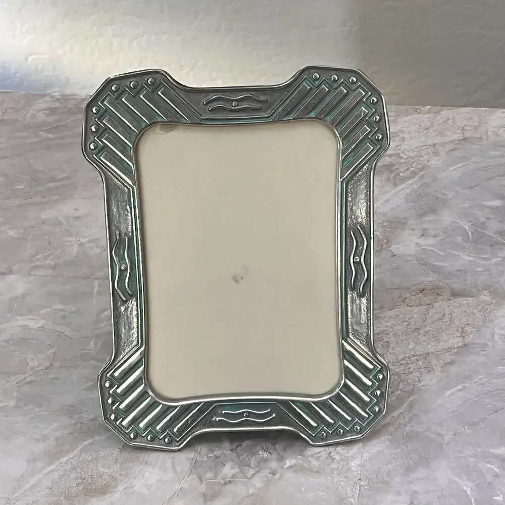 Vintage Silver Toned Picture Frame 4.5 x 6.5 in Aqua Accents Textured Easel Back